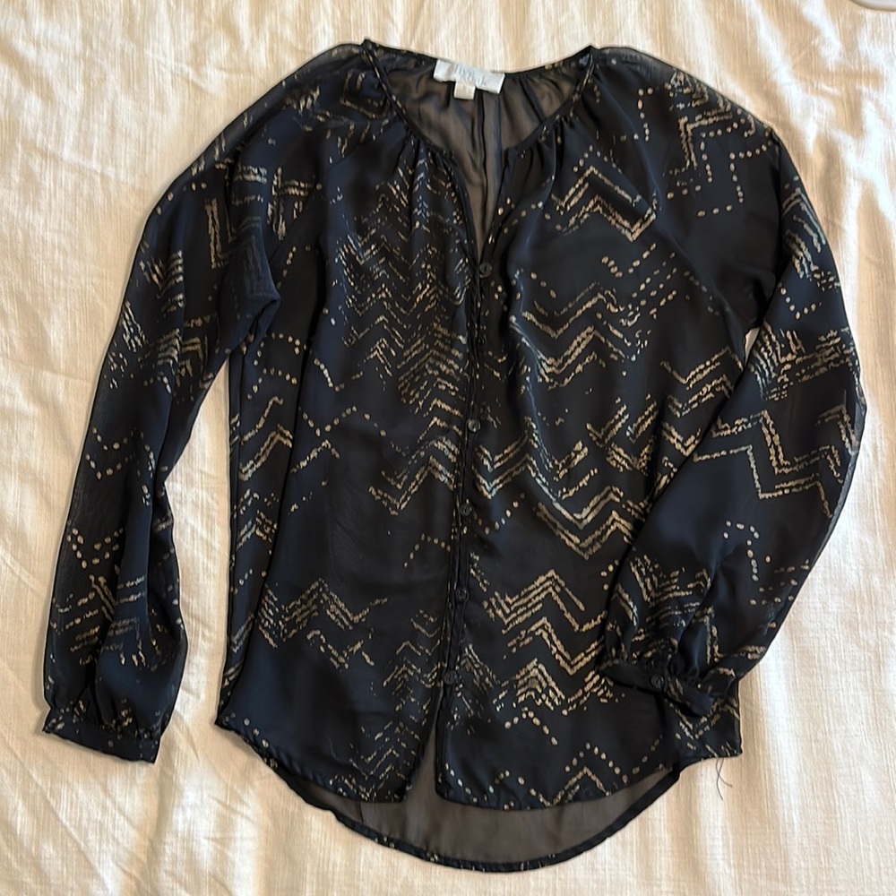 Olive & Oak sheer black blouse with gold chevron pattern. Sz small